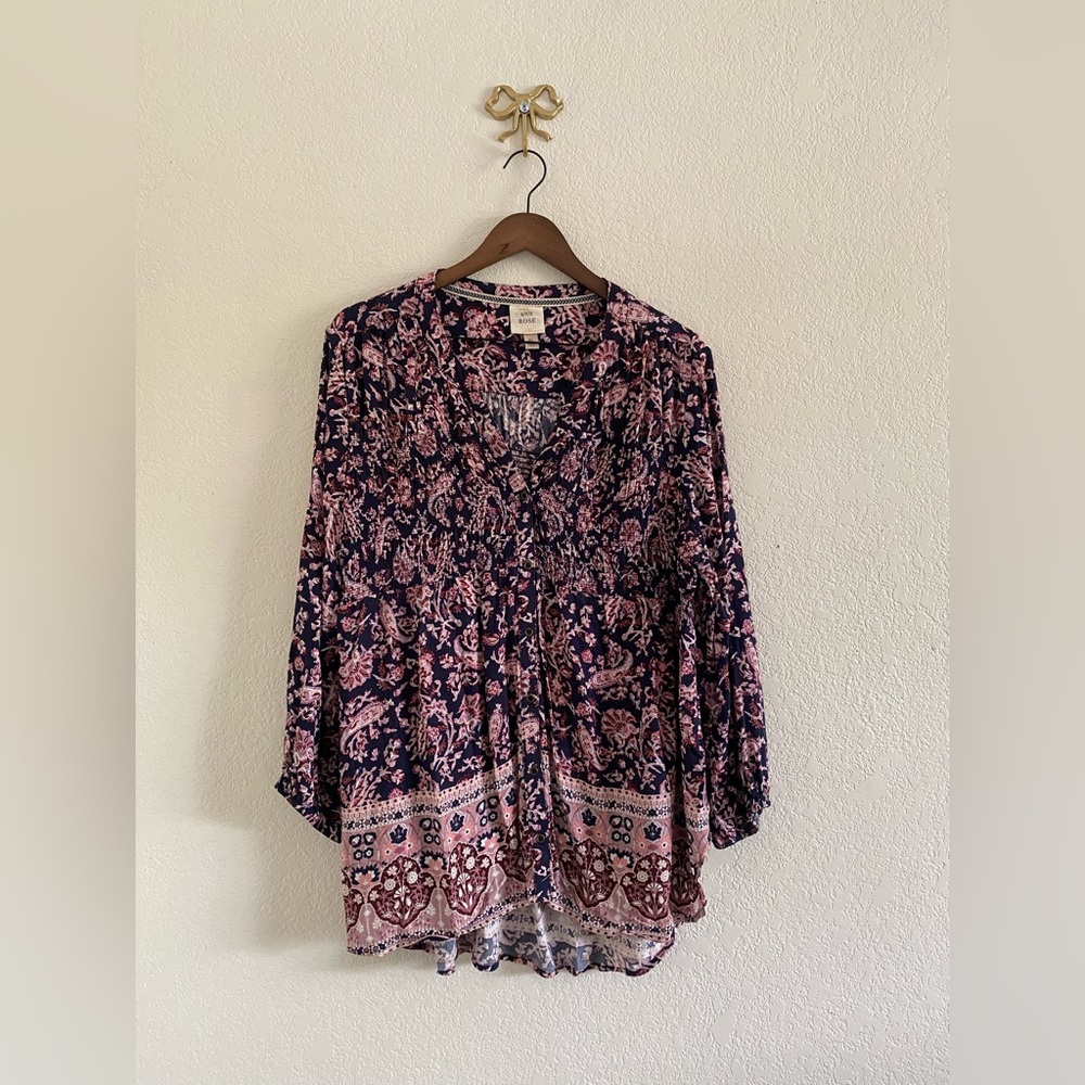 Knox Rose Women’s Floral Smock Top Womens XL 3/4 Sleeve Hi Low Button Tunic
